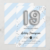 19e verjaardag - Blauwe Strepen en Zilveren Ballon Kaart (Voorkant / Achterkant)