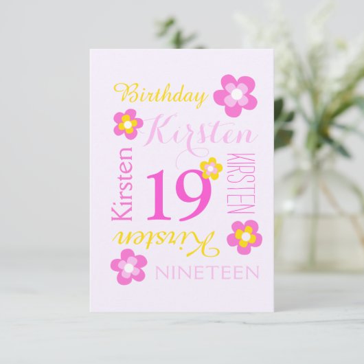 19e verjaardag bloem grafisch geel roze verrassing kaart (Staand voorkant)