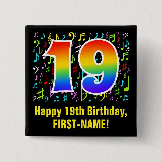 19e verjaardag: Colorful Music Symbols, Rainbow 19 Vierkante Button 5,1 Cm (Voorkant)