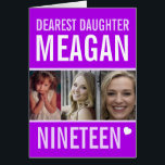 19e verjaardag drie foto's paarse dochter Daughter<br><div class="desc">Grafisch paars,  wit met een klein wit hart 19de dochterkaart. Heldere grafische verjaardagskaart met drie placeholders voor uw eigen foto's en om met uw eigen naam,  leeftijd,  en binnenbericht aan te passen. Uniek ontwerp door www.mylittleeden.com</div>