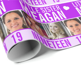 19e verjaardag drie foto's paarse kleine zusje cadeaupapier