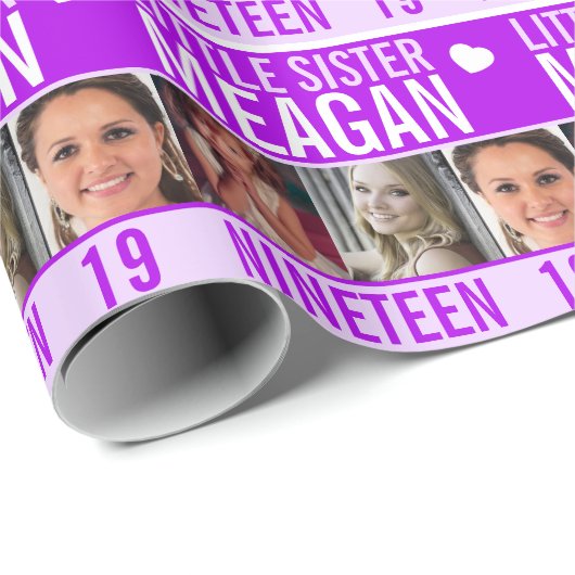 19e verjaardag drie foto's paarse kleine zusje cadeaupapier (Rol Hoek)