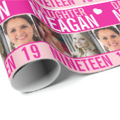 19e verjaardag drie foto's roze dochter wrapping cadeaupapier (Rol Hoek)