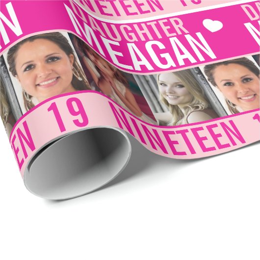 19e verjaardag drie foto's roze dochter wrapping cadeaupapier (Rol Hoek)