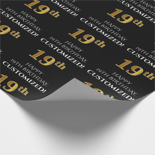19e verjaardag: Elegant, zwart, Faux Gold look Cadeaupapier (Hoek)