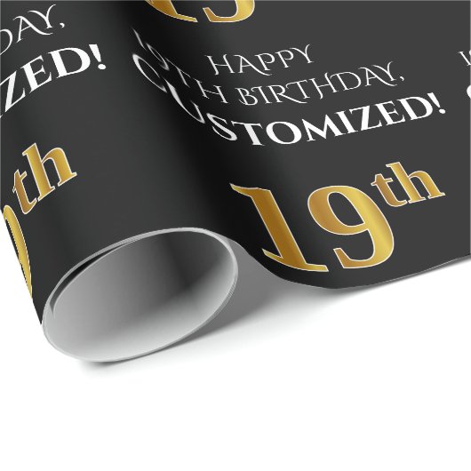 19e verjaardag: Elegant, zwart, Faux Gold look Cadeaupapier (Rol Hoek)