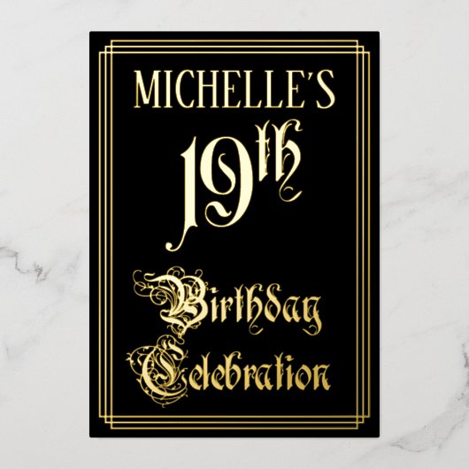 19e verjaardag — Fancy script en aangepaste naam Folie Uitnodiging (Voorkant)