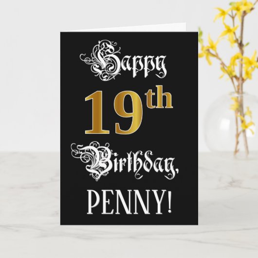 19e verjaardag — Fancy script; Faux Gold Kijk; naa Kaart (Gele Bloem)