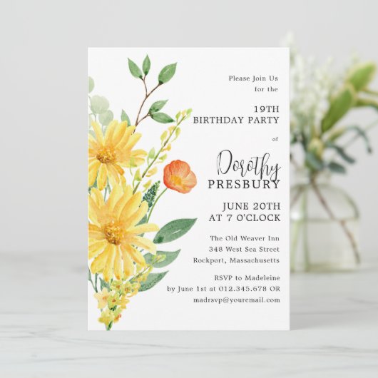 19e Verjaardag Feest Voorjaar Gele Bloemen Kaart (Staand voorkant)