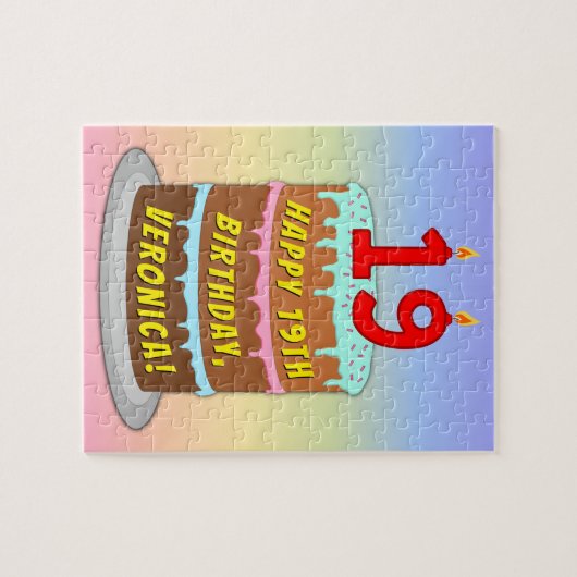 19e verjaardag: Fun Cake and Candles + Custom Name Legpuzzel (Horizontaal)