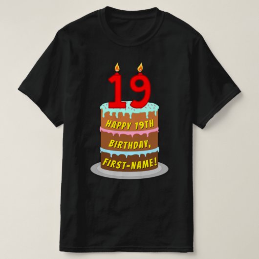 19e verjaardag — Fun Cake & Candles, w/ Eigen naam T-shirt (Design voorkant)