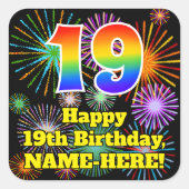 19e verjaardag: Fun Fireworks Kijk, regenboog # 19 Vierkante Sticker (Voorkant)