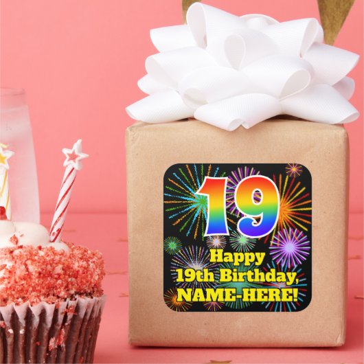 19e verjaardag: Fun Fireworks Kijk, regenboog # 19 Vierkante Sticker (Feest)