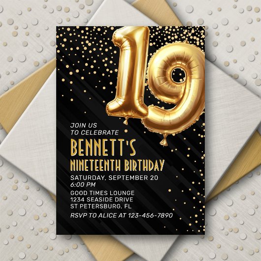 19e verjaardag Gold Black Invitation Kaart