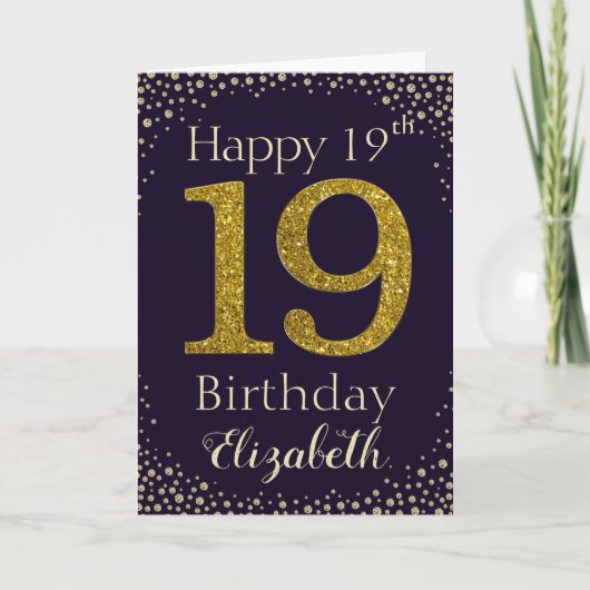 19e verjaardag Golden Glitter Kaart (Voorkant)