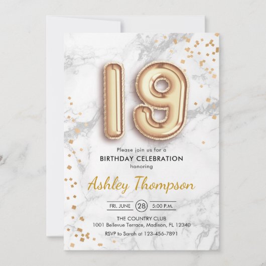 19e verjaardag - gouden ballonnen marmeren effect kaart (Voorkant)