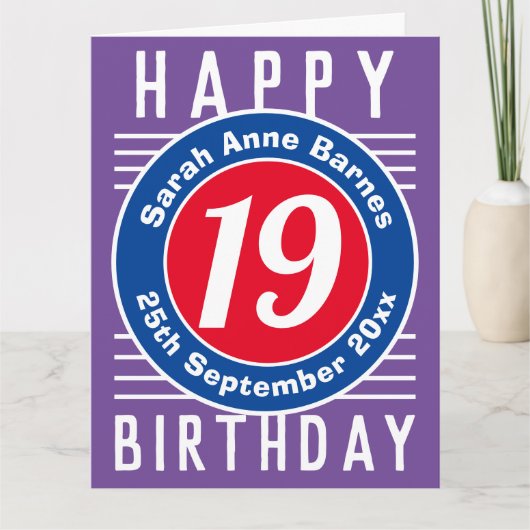 19e verjaardag Kaart met leeftijd, naam en datum (Voorkant)