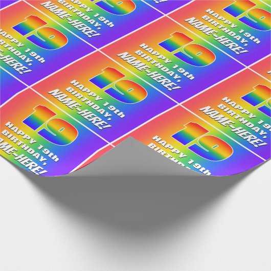 19e verjaardag: kleurrijk, vun regenboogpatroon #  cadeaupapier (Hoek)