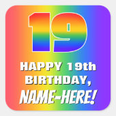 19e verjaardag: kleurrijk, vun regenboogpatroon # vierkante sticker (Voorkant)