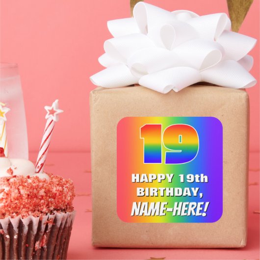 19e verjaardag: kleurrijk, vun regenboogpatroon # vierkante sticker (Feest)