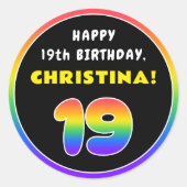 19e verjaardag: kleurrijke regenboog # 19, Naam va Ronde Sticker (Voorkant)