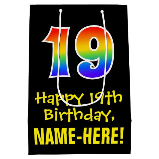 19e verjaardag: Leuk, vet, kleurrijk, regenboog "1 Medium Cadeauzakje (Achterkant)