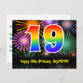 19e verjaardag - Leuk vuurwerkpatroon + Regenboog Briefkaart (Voorkant / Achterkant)