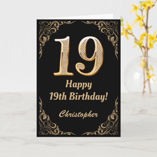 19e verjaardag Lijst zwart-wit en goudglitter Kaart (Gele Bloem)
