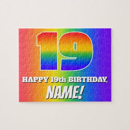 19e verjaardag — Meerkleurig regenboogpatroon "19" Legpuzzel (Horizontaal)