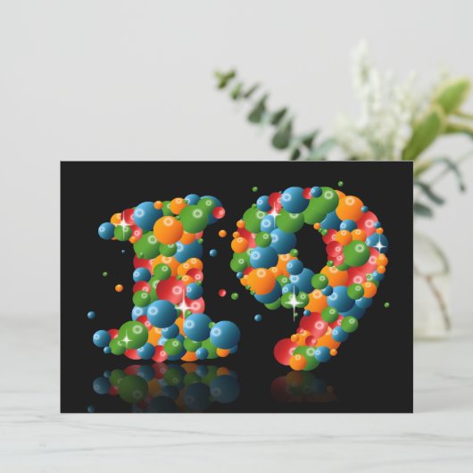 19e verjaardag, met bubbels en ballen kaart (Staand voorkant)