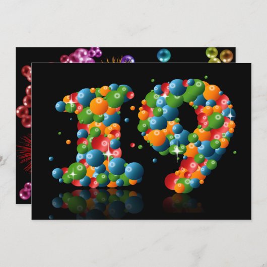 19e verjaardag, met bubbels en ballen kaart (Voorkant / Achterkant)