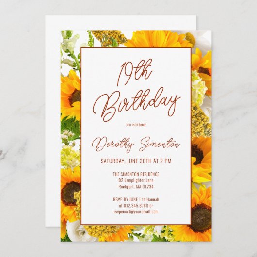 19e verjaardag Moderne Zonnebloem Bloemen Kaart (Voorkant / Achterkant)