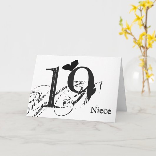 19e verjaardag, nicht, vlinder, zwart-wit. kaart (Gele Bloem)
