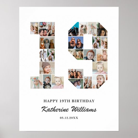 19e verjaardag nummer 19 aangepaste fotocollage poster (Voorkant)