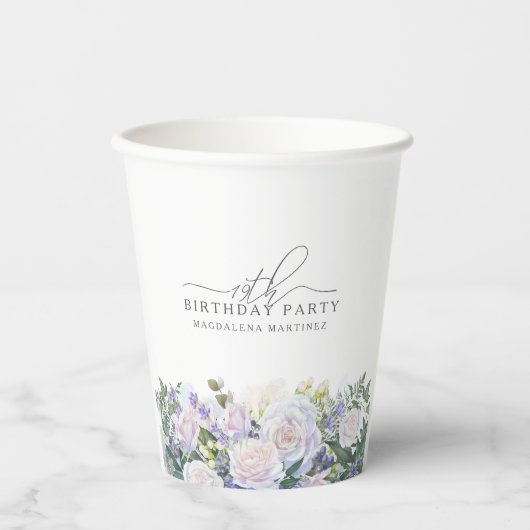 19e Verjaardag Party Blauw Wit Bloemen Custom Papieren Bekers (Voorkant)