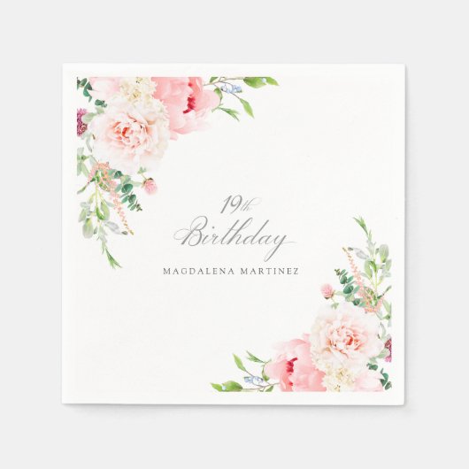 19e Verjaardag Party Roze Bloemen Custom Cocktail Servet (Voorkant)