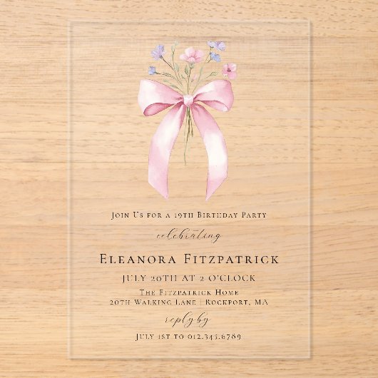 19e Verjaardag Party Roze Coquette Bow Wildflower Acryl Uitnodigingen (Voorkant)