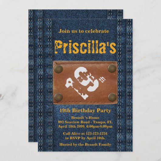 19e Verjaardag Party Vrouw, Elke leeftijd, Denim s Kaart (Voorkant / Achterkant)