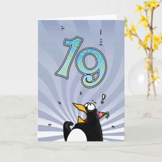 19e verjaardag - Penguin Surprise Kaart (Gele Bloem)