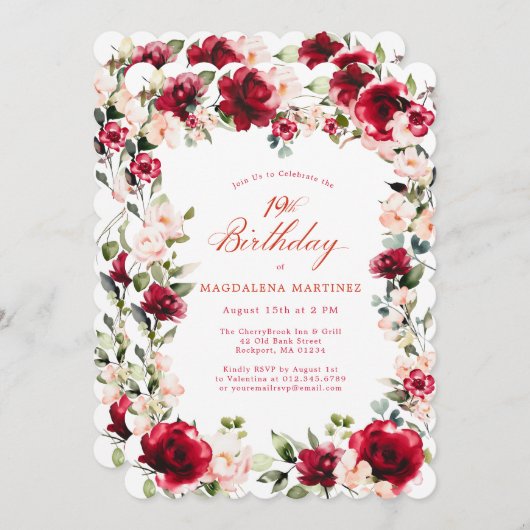 19e verjaardag Red Rose Pink Peony Floral Kaart (Voorkant / Achterkant)