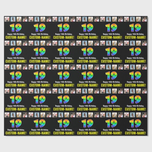 19e verjaardag: Regenboog "19"; Aangepaste foto's  Cadeaupapier (Vlak)