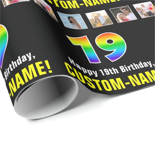 19e verjaardag: Regenboog "19"; Aangepaste foto's  Cadeaupapier (Rol Hoek)
