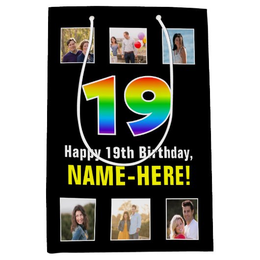 19e verjaardag: Regenboog "19", aangepaste foto's  Medium Cadeauzakje (Voorkant)