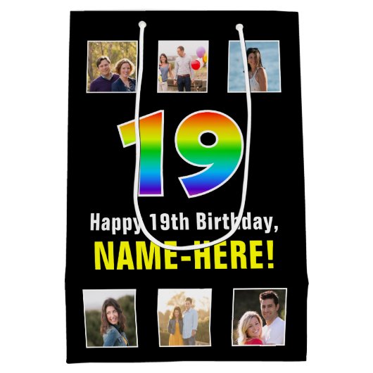 19e verjaardag: Regenboog "19", aangepaste foto's  Medium Cadeauzakje (Achterkant)