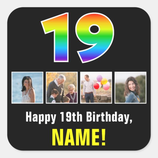 19e verjaardag: Regenboog "19"; Aangepaste foto's Vierkante Sticker (Voorkant)