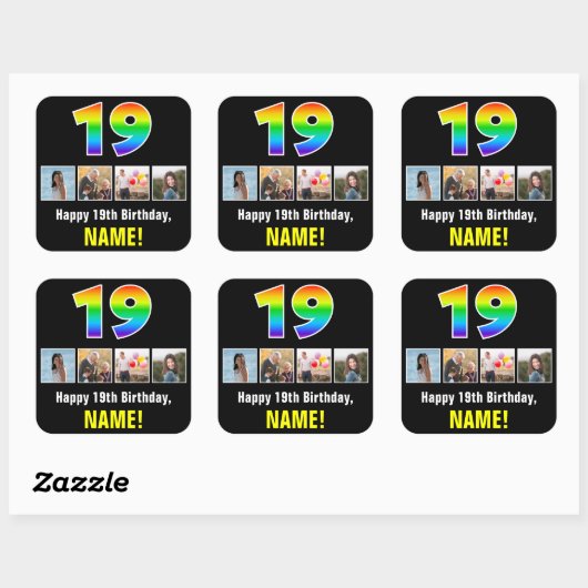 19e verjaardag: Regenboog "19"; Aangepaste foto's  Vierkante Sticker (Vel)