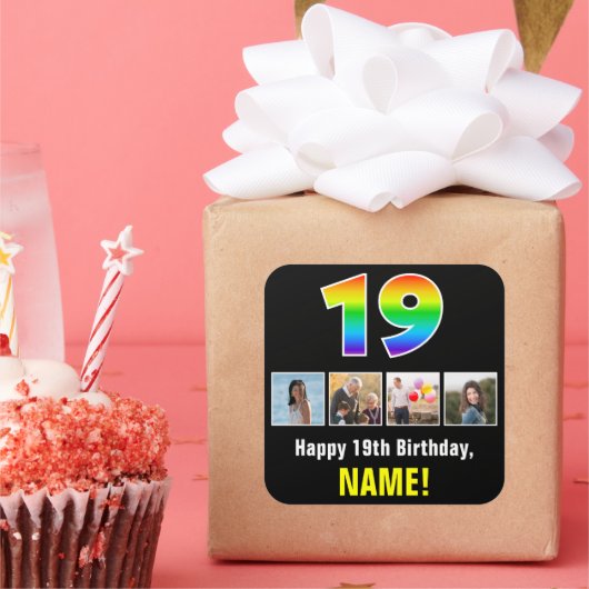 19e verjaardag: Regenboog "19"; Aangepaste foto's  Vierkante Sticker (Feest)