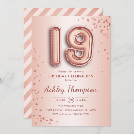 19e verjaardag - Roos gouden ballonnen Kaart (Voorkant / Achterkant)