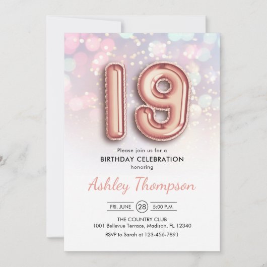 19e Verjaardag - Roos Gouden Ballonnen Roze Lichte Kaart (Voorkant)