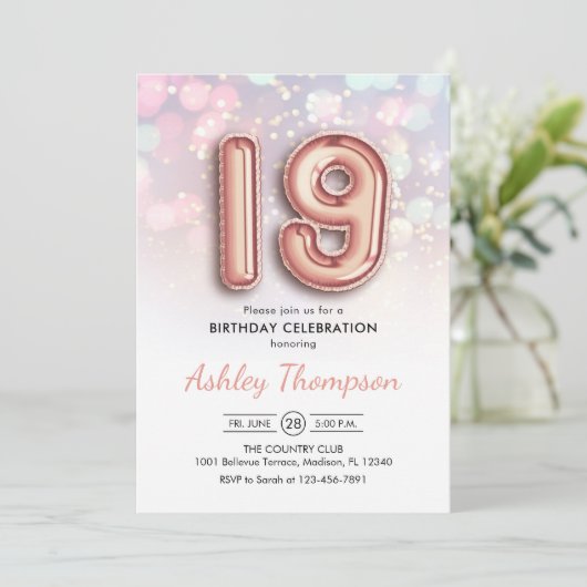 19e Verjaardag - Roos Gouden Ballonnen Roze Lichte Kaart (Staand voorkant)